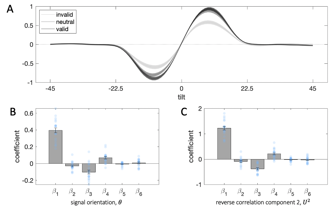 Results per cueing condition. $\textbf{A:}$ Decision kernels for the target kernel in invalid, neutral and valid trials. Lightest grey denotes invalid, mid-grey -- neutral and darkest grey -- valid trials. $\textbf{B:}$ Beta coefficients from a binomial regression on signal orientation. Grey bars denote averages, error bars denote standard error of the mean, blue circles denote individual participants. $\beta_1$ is the coefficient for the target stimulus, $\beta_2$ – the distractor, $\beta_3$ – the interaction between target and the consistency between target and distractor, $\beta_4$ – the interaction between target and cueing condition (coded as -1=invalid, 0=neutral, 1=valid), $\beta_5$ – the interaction between the distractor and cueing condition, $\beta_6$ – the three-way interaction between target, target-distractor consistency and cueing condition. $\textbf{C:}$ As in B, but dependent variables in the regression correspond to the score for SVD component 2 from the reverse correlation analysis.